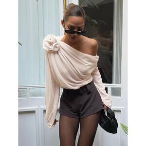 Commense Chiffon Semi Sheer One Shoulder Chiffon Elegant Asymmetrical Blouse L